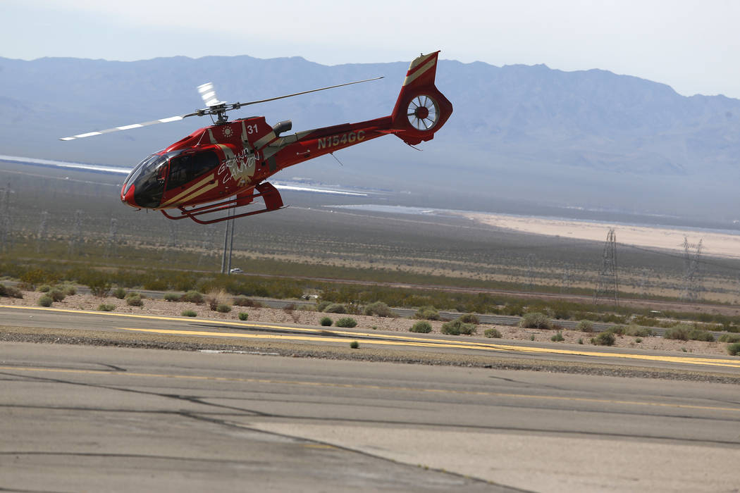 A Grand Canyon Scenic Airline helicopter takes flight at the Boulder City Municipal Airport on Wednesday, April 5, 2017, in Boulder City. Their pilots will have the opportunity to join Allegiant A ...
