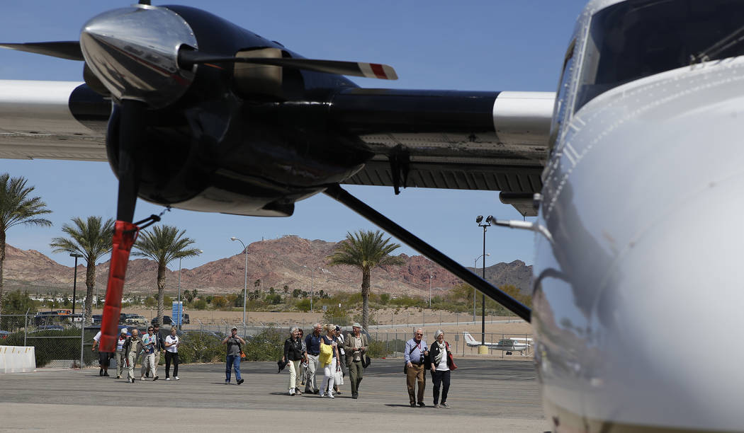 Passengers prepare to board a Grand Canyon Scenic Airline plane at the Boulder City Municipal Airport on Wednesday, April 5, 2017, in Boulder City. Christian K. Lee/Las Vegas Review-Journal @chris ...