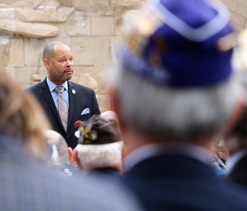 Sen. Majority Leader Aaron Ford, D-Las Vegas, quotes Abraham Lincoln in a speech honoring veterans at 2017 Veterans and Military Day at the Legislature, Wednesday, March 15, 2017. (Victor Joecks/L ...