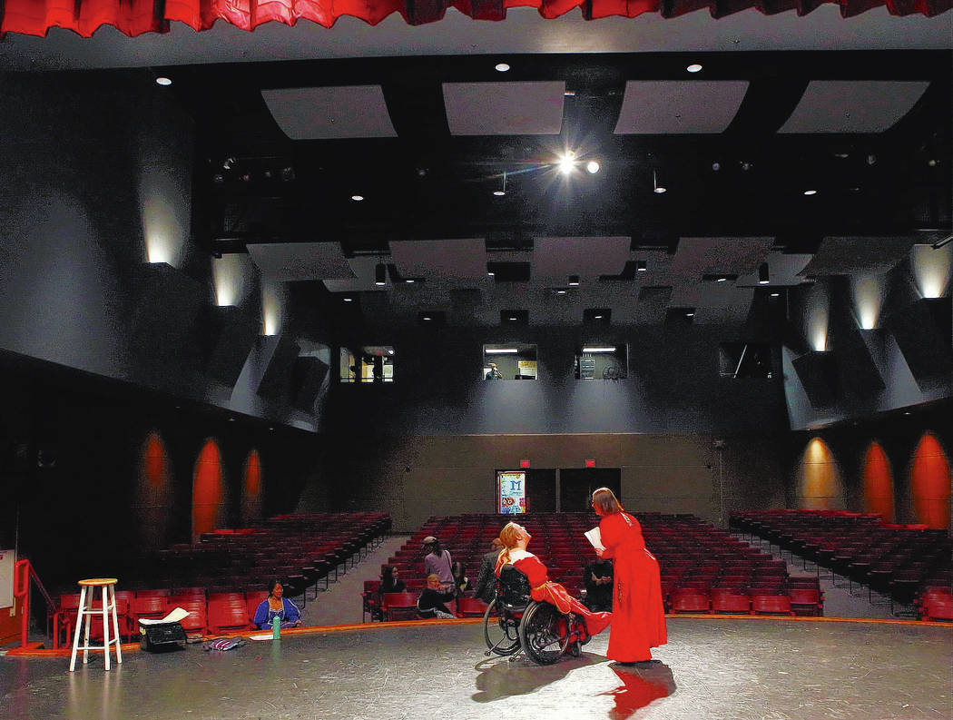 Kate Labahn, left, and Devon Burke of the Shakespeare Institute of Nevada practice a scene from a play at Western High School on Friday, March 24, 2017, in Las Vegas. (Christian K. Lee/Las Vegas R ...