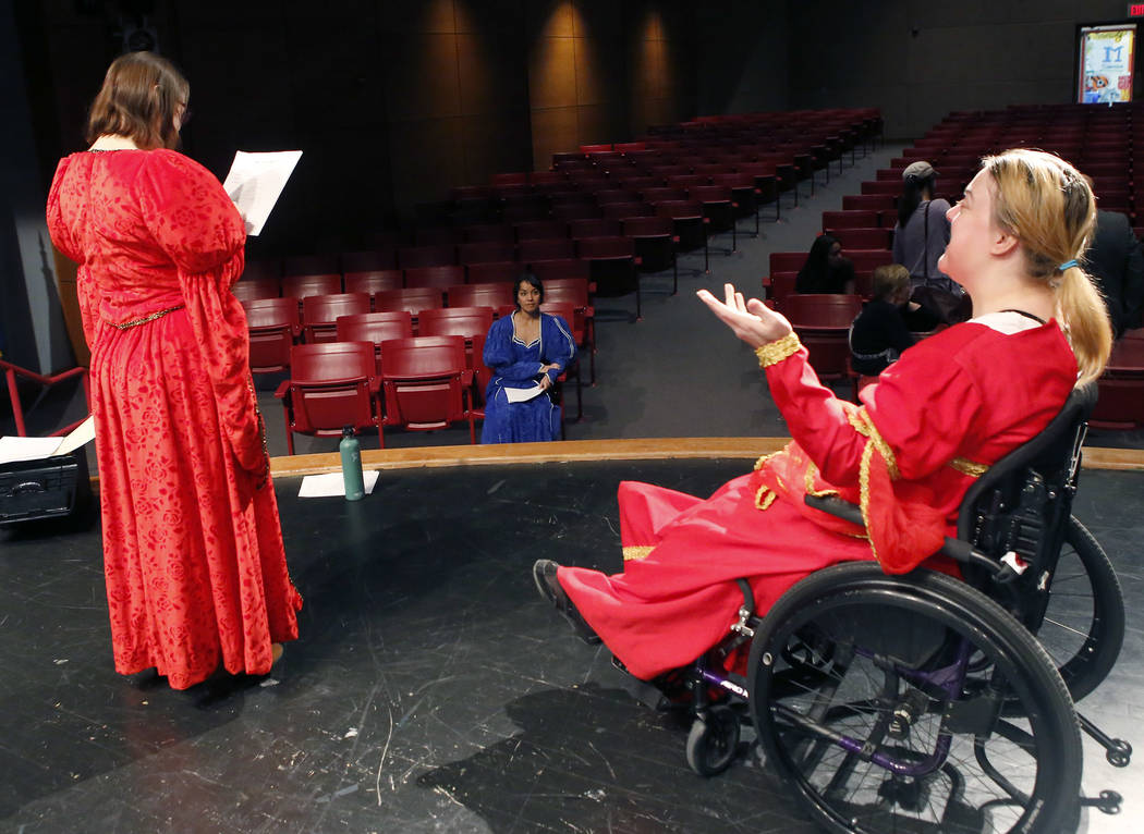 Devon Burke, left, Irma Chavez, center, and Kate Labahn of the Shakespeare Institute of Nevada practice a scene from a play at Western High School on Friday, March 24, 2017, in Las Vegas. Chavez i ...