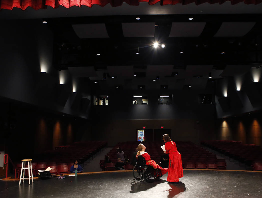 Kate Labahn, left, and Devon Burke of the Shakespeare Institute of Nevada practice a scene from a play at Western High School on Friday, March 24, 2017, in Las Vegas. (Christian K. Lee/Las Vegas R ...