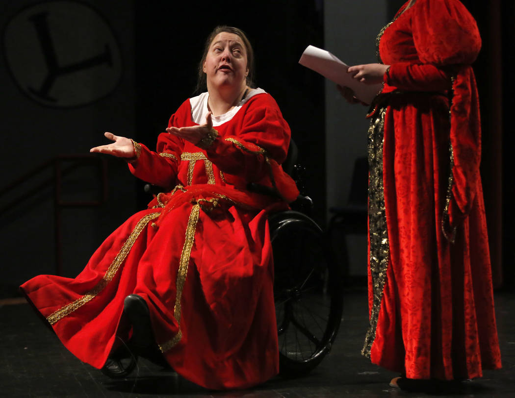 Kate Labahn, left, and Devon Burke of the Shakespeare Institute of Nevada practice a scene from a play at Western High School on Friday, March 24, 2017, in Las Vegas. (Christian K. Lee/Las Vegas R ...