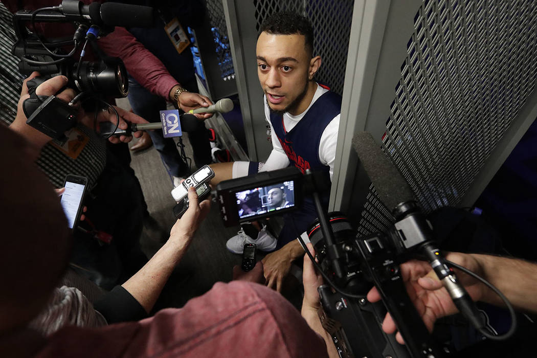 Gonzaga's Nigel Williams-Goss answers questions after a practice session for their NCAA Final Four tournament college basketball semifinal game Thursday, March 30, 2017, in Glendale, Ariz. (AP Pho ...
