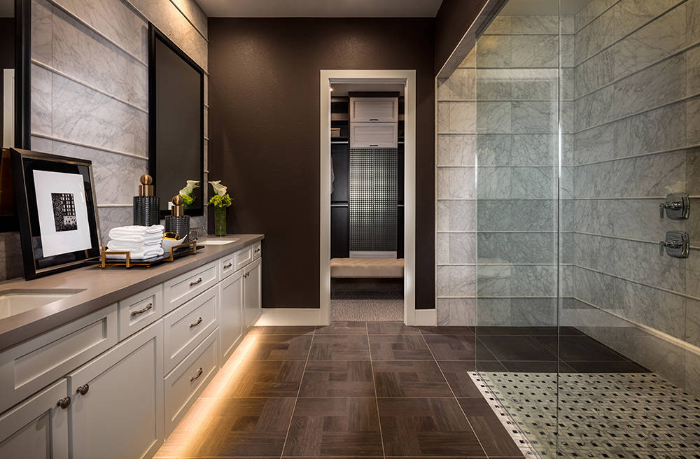 TOLL BROTHERS
The master bath in the Marble Bluff model home, showcased at Regency at Summerlin, an age-qualified community.