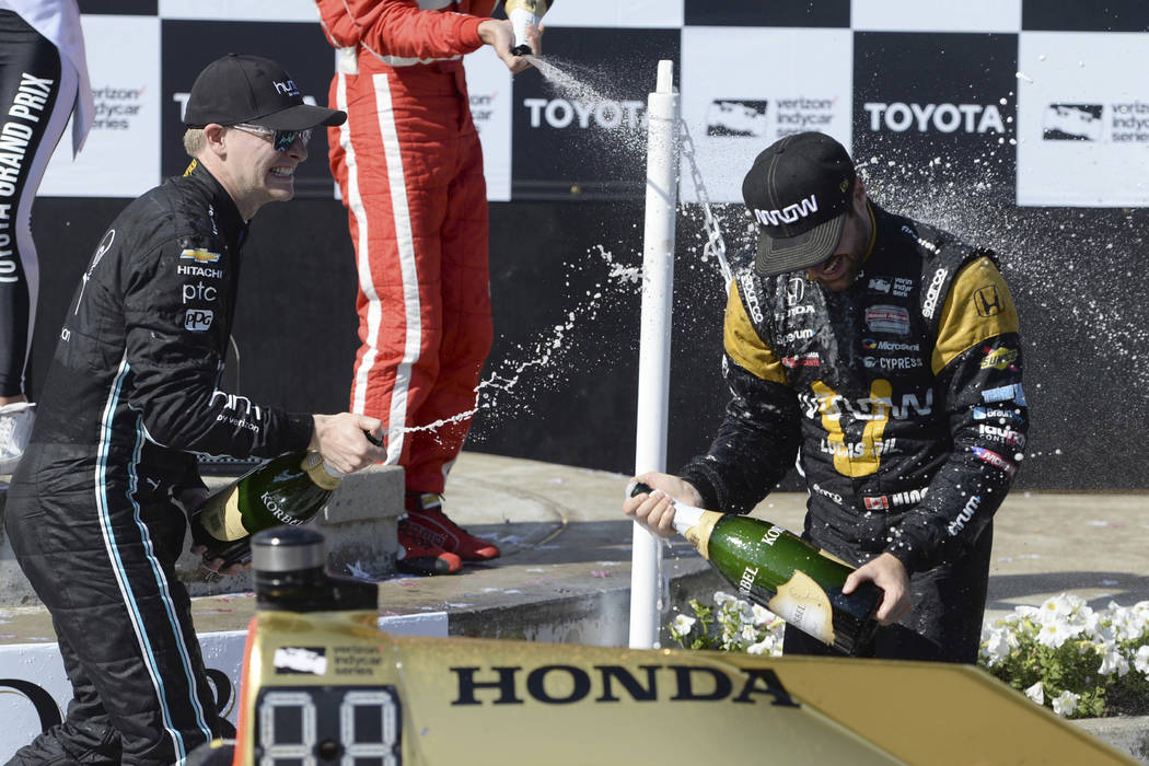 Indy car driver James Hinchcliffe celebrates inside victory circle after winning the 43rd Toyota Grand Prix of Long Beach. Long Beach, Sunday, April 9, 2017. (Stephen Carr/Los Angeles Daily News v ...