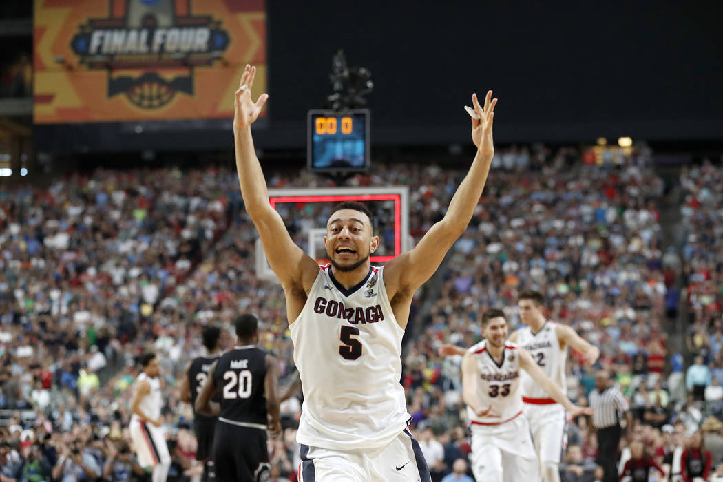 Gonzaga's Nigel Williams-Goss (5) celebrates after the semifinals of the Final Four NCAA college basketball tournament against South Carolina, Saturday, April 1, 2017, in Glendale, Ariz. Gonzaga w ...