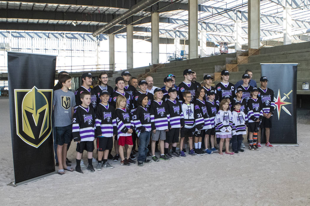 Participants with Nevada Storm youth hockey program at the Golden Knights' practice facility construction site in Las Vegas on Tuesday, April 4, 2017. The NHL expansion team announced that it woul ...