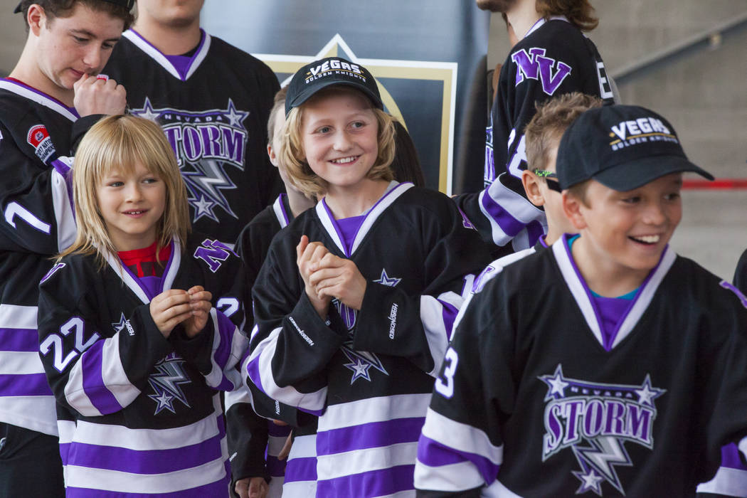 Participants with Nevada Storm youth hockey program at the Golden Knights' practice facility construction site in Las Vegas on Tuesday, April 4, 2017. The NHL expansion team announced that it woul ...