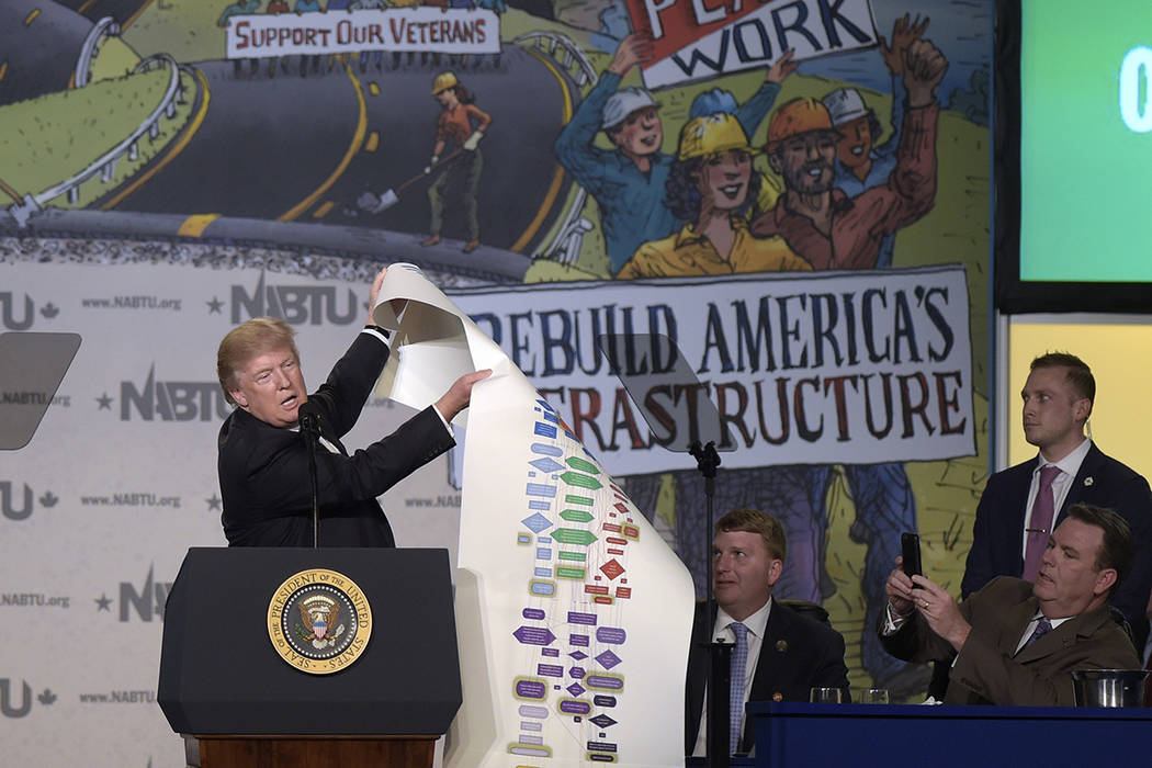 President Donald Trump holds up a chart on the regulatory process as he speaks at the 2017 North America's Building Trades Unions National Legislative Conference in Washington, Tuesday, April 4, 2 ...