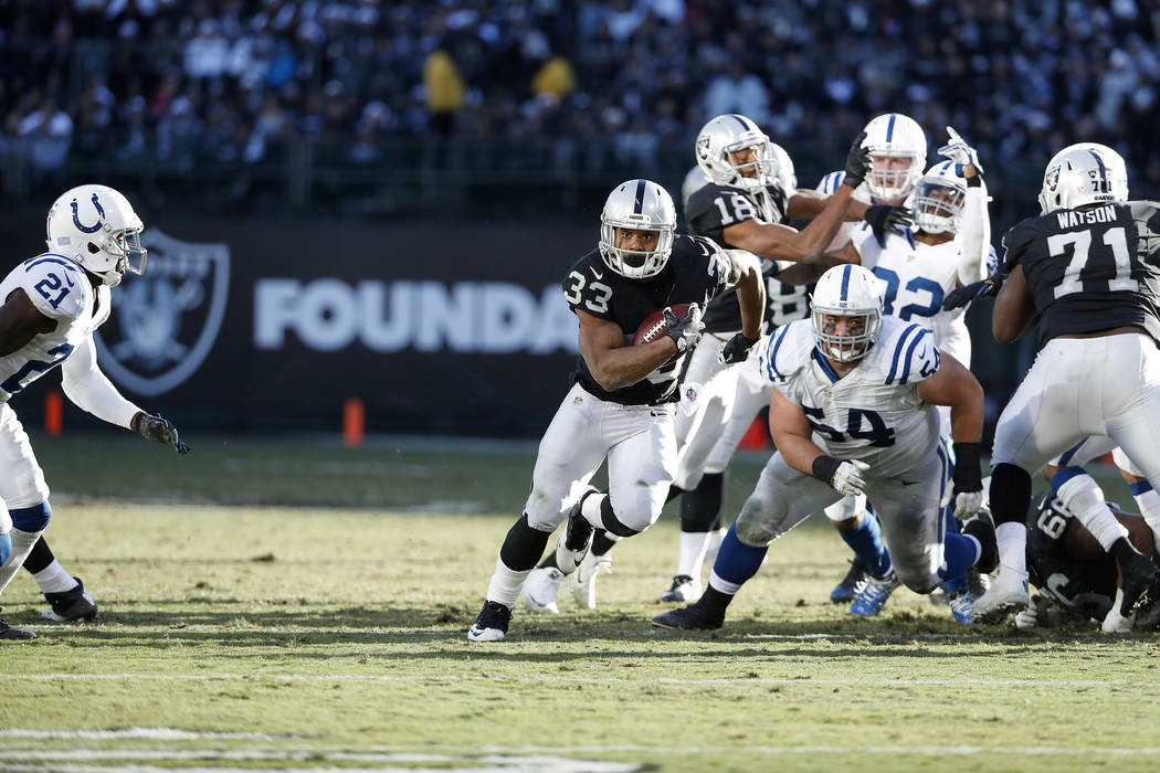 Oakland Raiders running back DeAndre Washington (33) runs for a touchdown during the second half of an NFL football game against the Indianapolis Colts in Oakland, California, on Dec. 24, 2016. (A ...