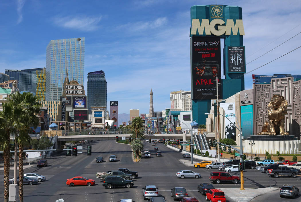 Las Vegas Boulevard from the bridge heading towards Tropicana hotel-casino, Wednesday, April 5, 2017 in Las Vegas. (Gabriella Benavidez Las Vegas Review-Journal) @gabbydeebee