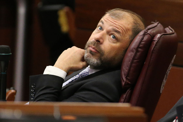 Assemblyman Paul Anderson, R-Las Vegas, watches the final minutes of the session tick away at the Legislative Building in Carson City, Nev., on Monday, June 1, 2015. (Cathleen Allison/Las Vegas Re ...
