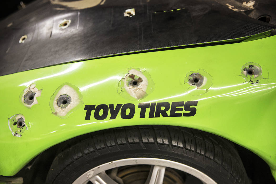 Bullet holes riddle the frame of the 1996 Mitsubishi Eclipse featured in the first of the Fast and the Furious movie series at the Hollywood Cars Museum on Tuesday, April, 4, 2017, at Hot Rod City ...