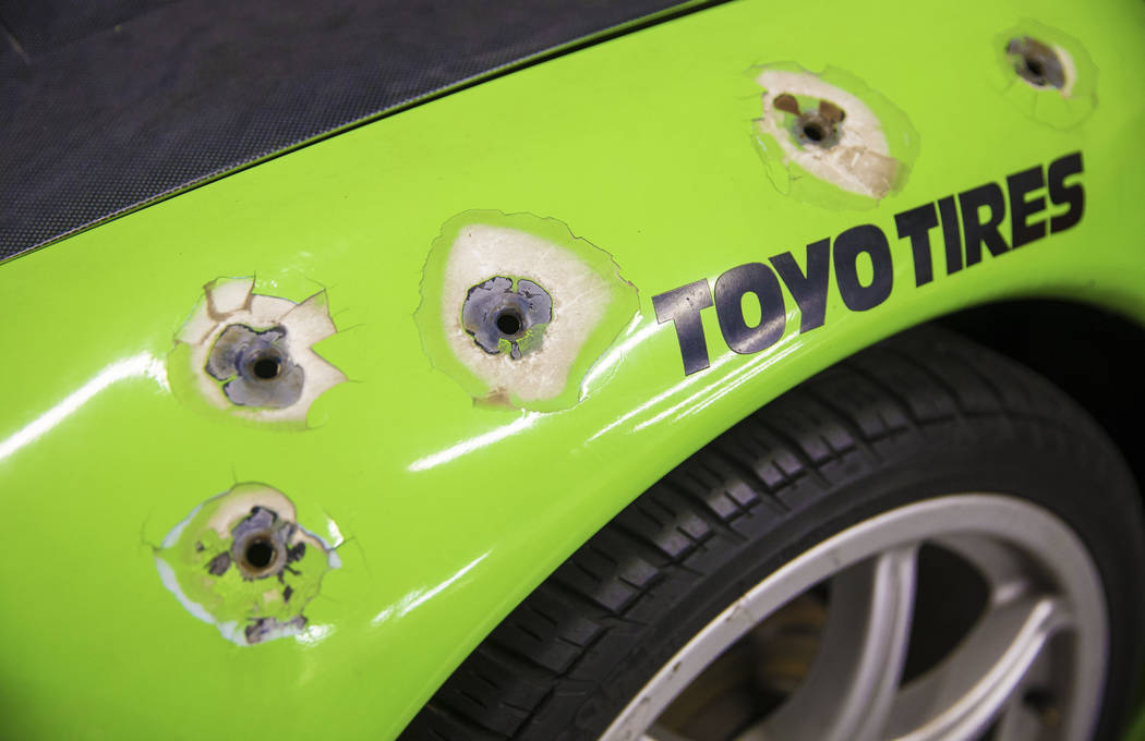 Bullet holes riddle the frame of the 1996 Mitsubishi Eclipse featured in the first of the Fast and the Furious movie series at the Hollywood Cars Museum on Tuesday, April, 4, 2017, at Hot Rod City ...