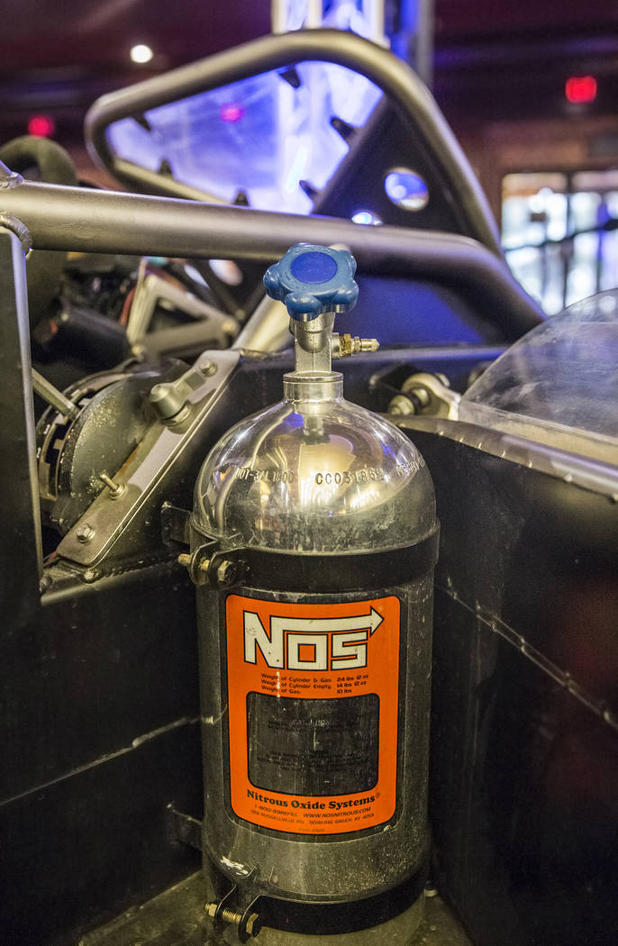 A nitrous tank adds a short burst of speed to the custom-built engine in the ramp car featured in Fast & Furious 6 at Gold Strike Hotel & Gambling Hall on Wednesday, April, 5, 2017, in Jea ...