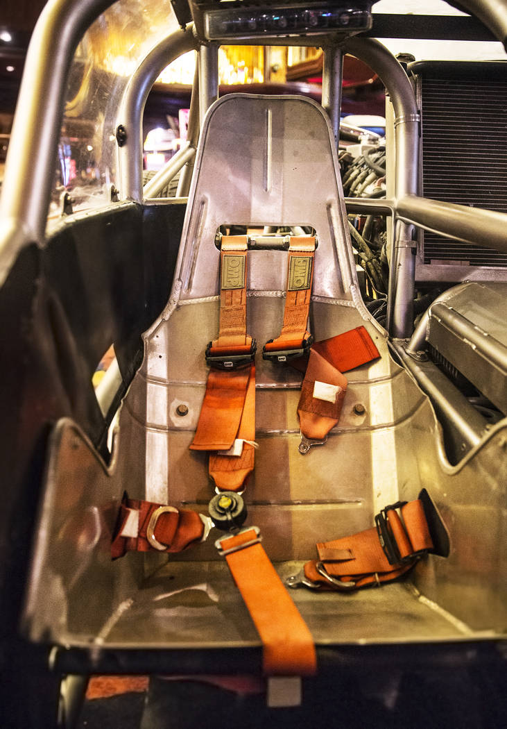 Chest a lap belts in the passenger seat of the custom-built ramp car featured in Fast & Furious 6 at Gold Strike Hotel & Gambling Hall on Wednesday, April, 5, 2017, in Jean. (Benjamin Hage ...