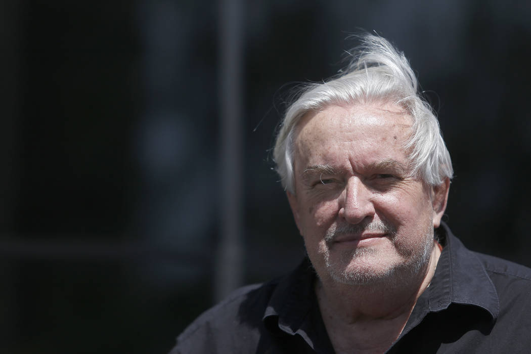 Thomas Gleason, 70, in front of his solar panel wall on Thursday, April 6, 2017, in North Las Vegas. Gleason says he submitted a bid to build President Donald Trump's proposed border wall with Mex ...