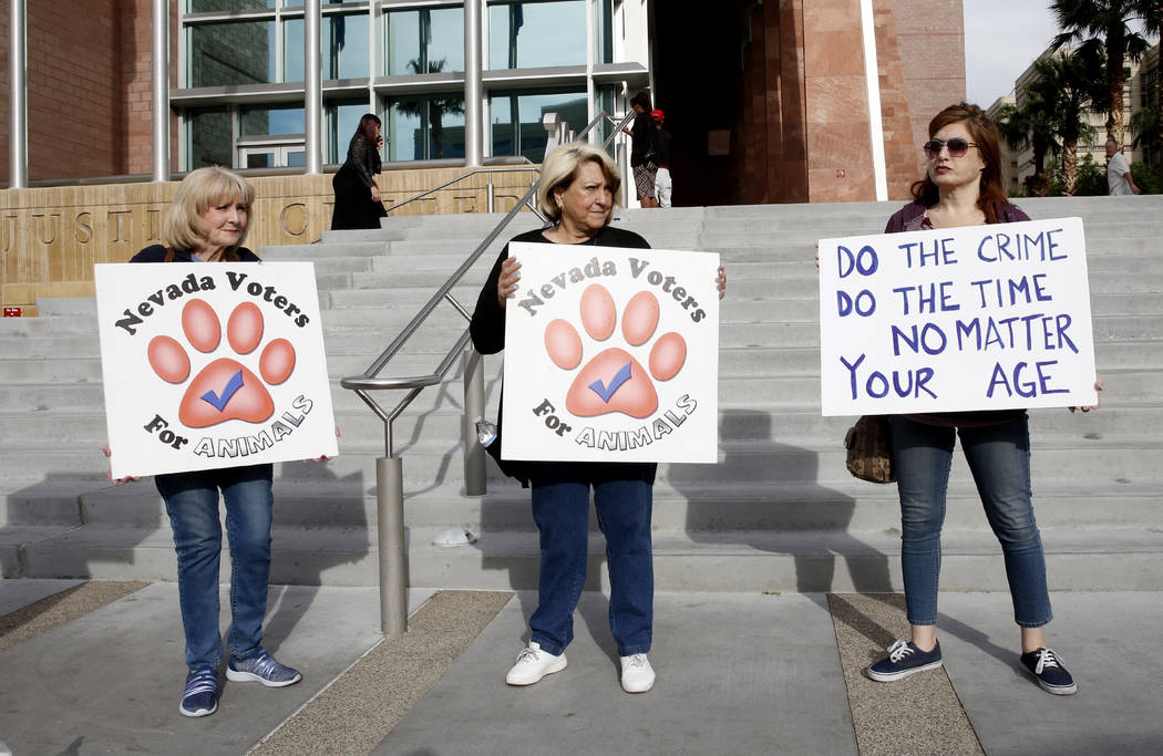 Animal rights activists Melissa Boyd, left, Susan Cannavo, and Nicole Trincilla protest outside the Regional Justice Center on Thursday, April 6, 2017, in Las Vegas. Bizuayehu Tesfaye Las Vegas Re ...