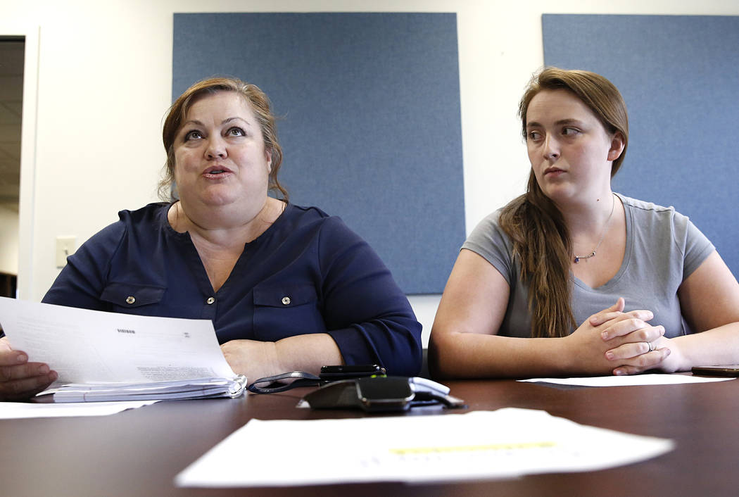 Gina Greisen, left, president of Nevada Voters for Animals, testifies in support of Assembly Bill 391 that would make bestiality a crime in Nevada, as her daughter Erika looks on Thursday, April 6 ...