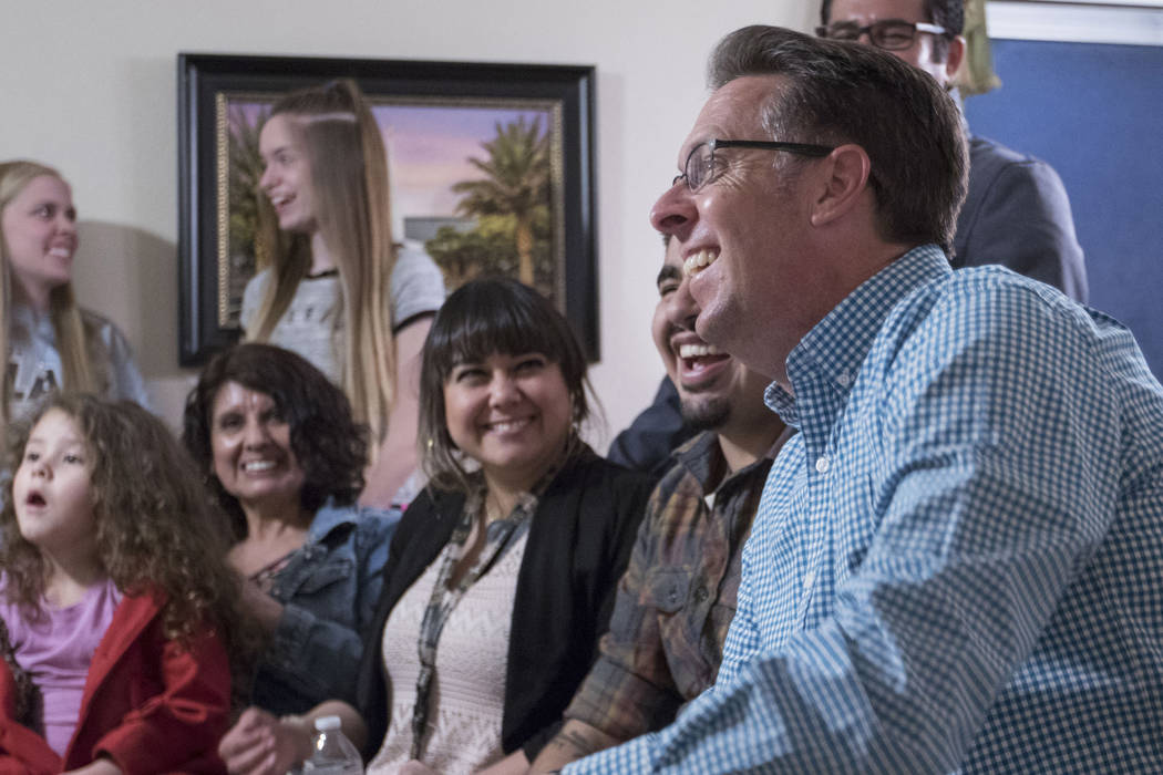 North Las Vegas City Council nominee Scott Black, right, and his family and friends wait for election results at his home in Las Vegas on Tuesday, April 4, 2017. (Heidi Fang/Las Vegas Review-Journ ...