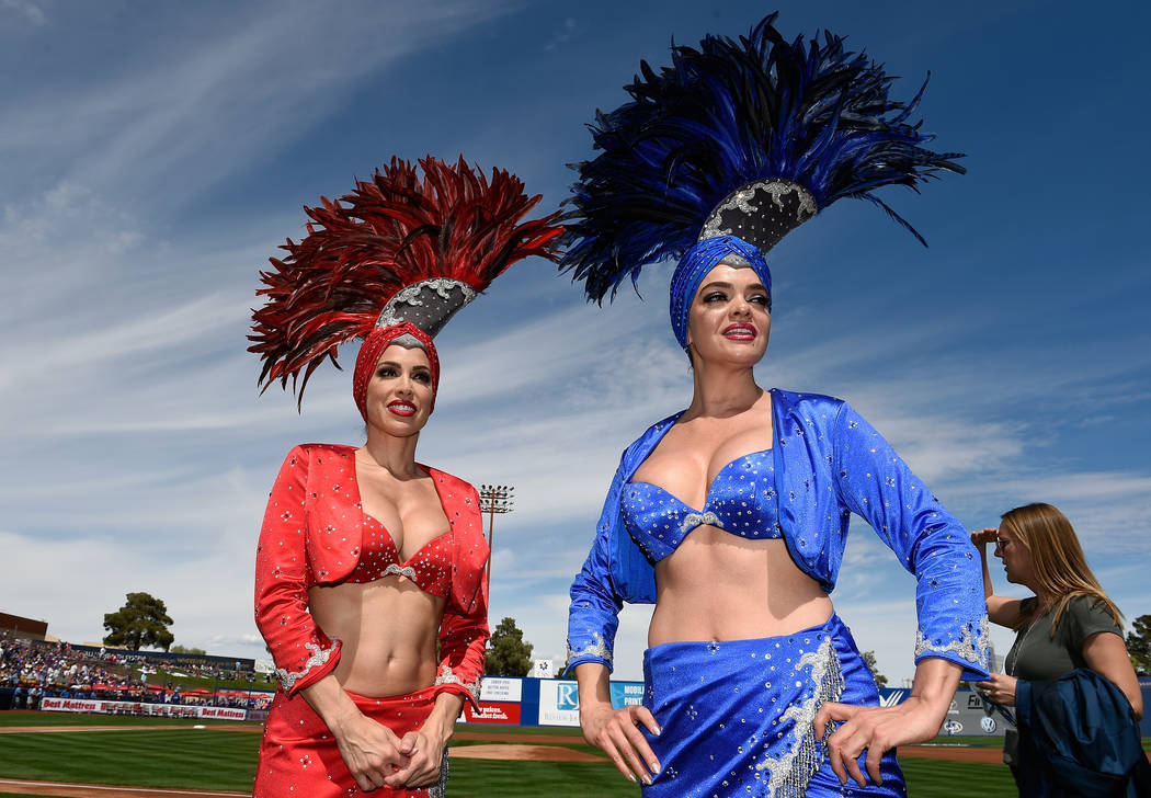 Showgirls before an exhibition game between the Chicago Cubs and the Cincinnati Reds at Cashman Field on Sunday, March 26, 2017, in Las Vegas. David Becker/Las Vegas News Bureau
