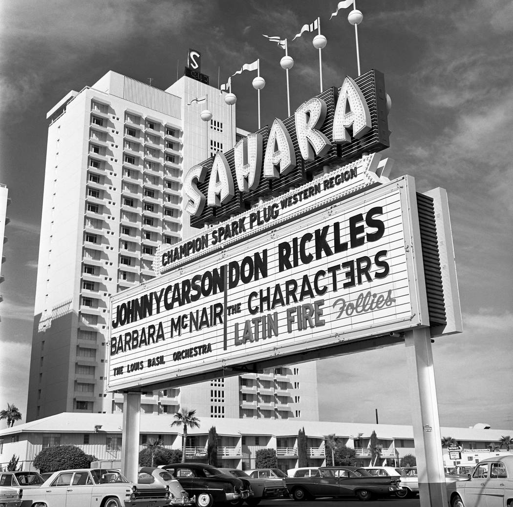 The marquee for Johnny Carson and Don Rickles at The Sahara on Nov. 15, 1967, in Las Vegas. (Robert Scott Hooper/Las Vegas News Bureau)