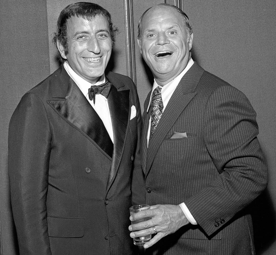 Tony Bennett, left, and Don Rickles at Bennett's opening night party at the Riviera in Las Vegas , Oct. 26, 1971. (Las Vegas News Bureau)