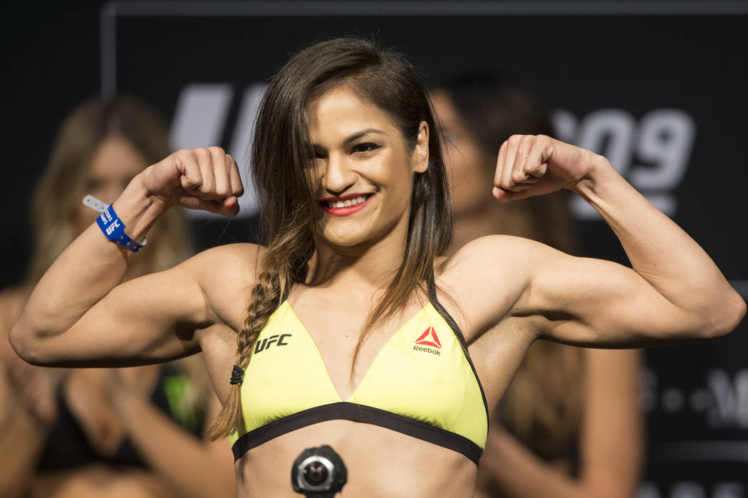 Cynthia Calvillo during the UFC 209 weigh-in event at T-Mobile Arena on Fri...
