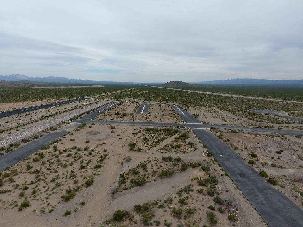Aerial view of Searchlight airport on Tuesday, April 11, 2017. Jonathan Daniels, founder of Praxis Aerospace Concepts International, plans to open a drone testing site at the airpark. Michael Quin ...