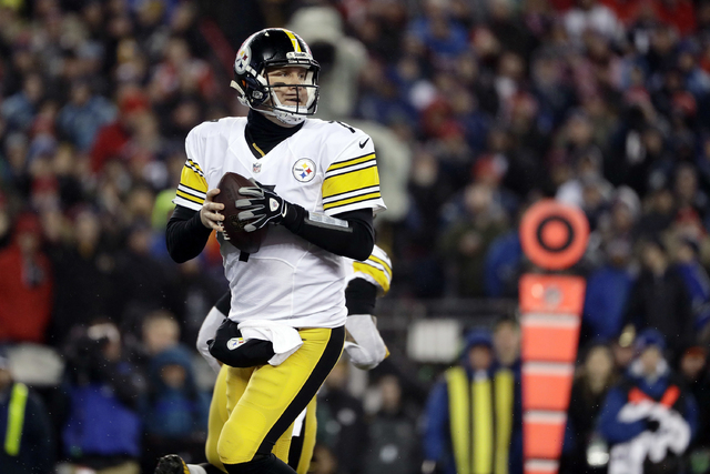 Pittsburgh Steelers quarterback Ben Roethlisberger drops back to pass during the first half of the AFC championship NFL football game against the New England Patriots, Sunday, Jan. 22, 2017, in Fo ...