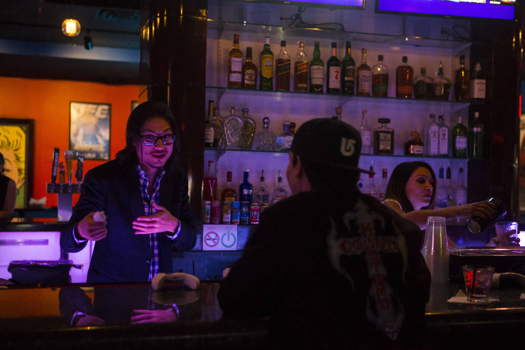 The Nerd co-owner Jonathan Borchetta, left, talks with a patron at the new nightclub on the second floor of Neonopolis in downtown Las Vegas on Saturday, April 8, 2017. Chase Stevens View @cssteve ...