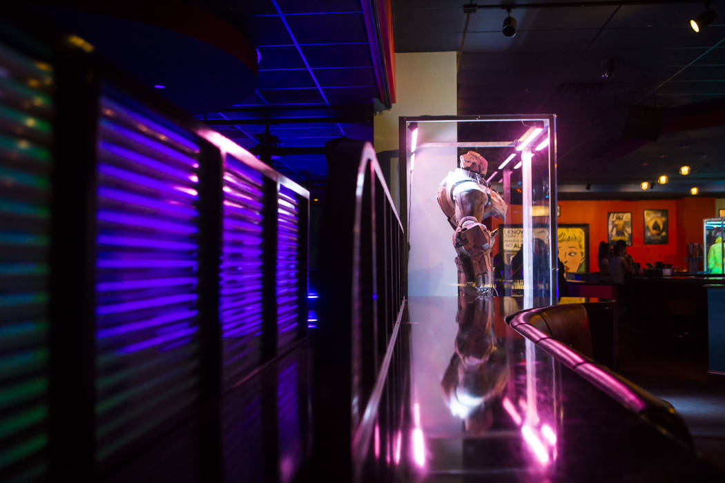 A life-size Hammer Drone from "Iron Man," right, at The Nerd nightclub at Neonopolis in downtown Las Vegas on Saturday, April 8, 2017. Chase Stevens View @csstevensphoto