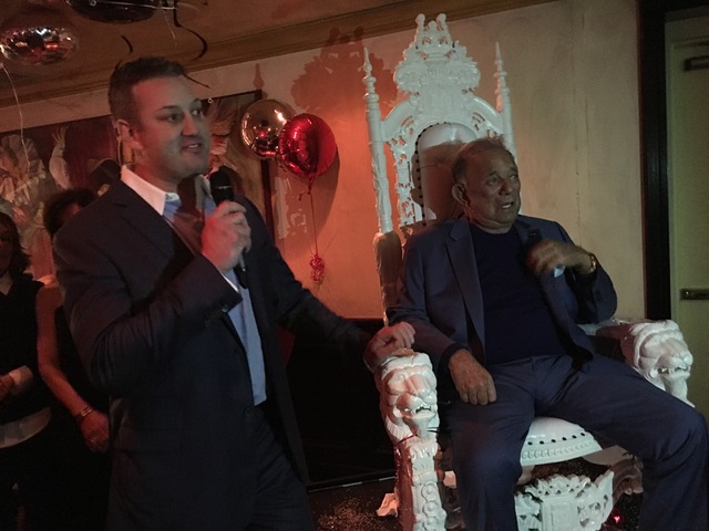 Evan Glusman pays tribute to his father, Freddie Glusman, on the event of Freddie's 80th birthday at Piero's Italian Cuisine on Saturday, Feb. 11, 2017. (John Katsilometes/Las Vegas Review-Journal)