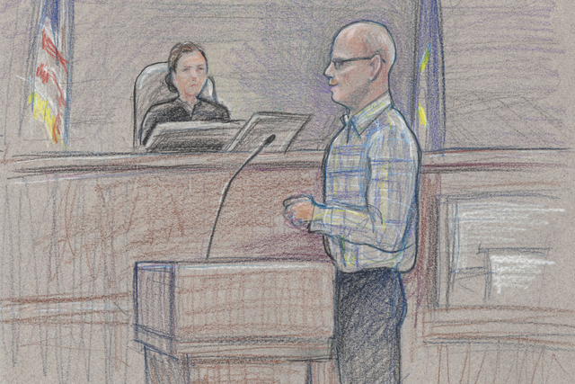 Defendant Todd Engel, representing himself, faces the jury during opening statements as U.S. District Judge Gloria Navarro listens. (David Stroud/Special to Las Vegas Review-Journal)