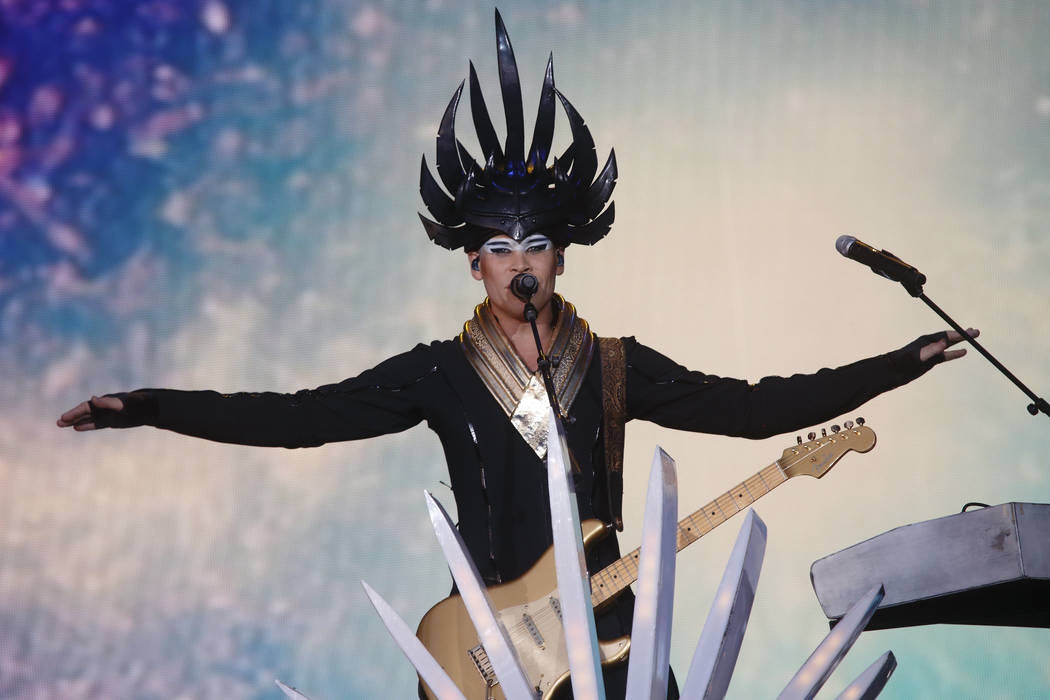 Luke Steele and Empire of the Sun performs at Rock in Rio USA at the MGM Resorts Festival Grounds on Saturday, May 16, 2015, in Las Vegas. (Photo by John Davisson/Invision/AP)