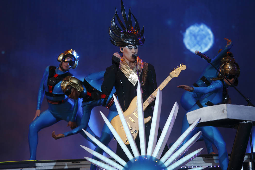 Luke Steele and Empire of the Sun performs at Rock in Rio USA at the MGM Resorts Festival Grounds on Saturday, May 16, 2015, in Las Vegas. (Photo by John Davisson/Invision/AP)