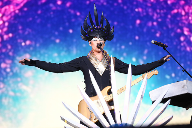 Luke Steele of Empire of the Sun performs at the main stage during the Rock in Rio USA music festival in Las Vegas on Saturday, May 16, 2015. (Chase Stevens/Las Vegas Review-Journal) Follow Chase  ...