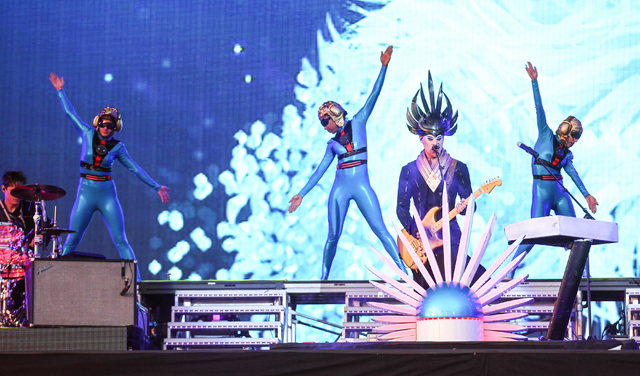 Luke Steele of Empire of the Sun, third from left, performs at the main stage during the Rock in Rio USA music festival in Las Vegas on Saturday, May 16, 2015. (Chase Stevens/Las Vegas Review-Jour ...