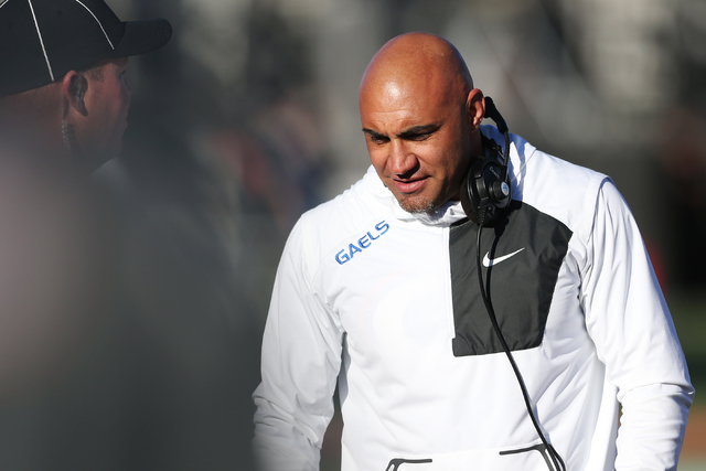 Bishop Gorman's head football coach Kenny Sanchez on the field during the Class 4A state football championship game against Liberty at Sam Boyd Stadium on Saturday, Dec. 3, 2016, in Las Vegas. Bis ...
