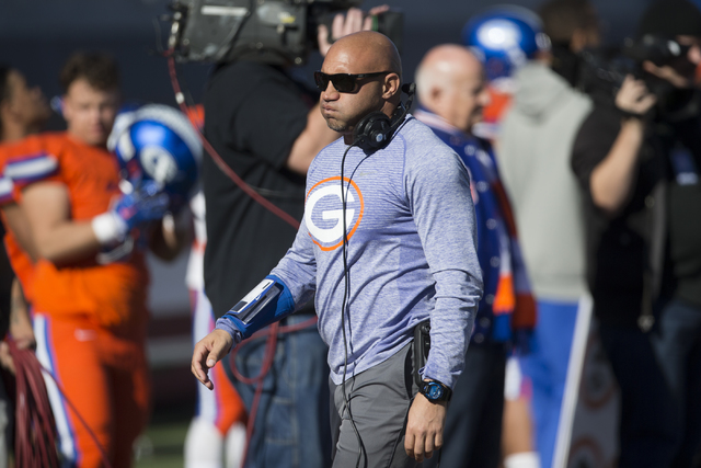 Bishop Gorman's head football coach Kenny Sanchez in the field during his team's game against Liberty in the Class 4A state football championship game at Sam Boyd Stadium on Saturday, Dec. 3, 2016 ...