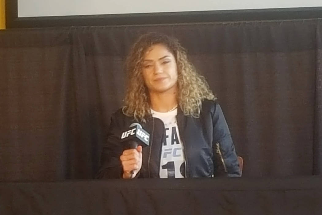 UFC women's strawweight prospect Pearl Gonzalez addresses the media on Friday, April 7 in advance of Saturday's UFC 210 event in Buffalo, NY. (Adam Hill/Las Vegas Review-Journal)