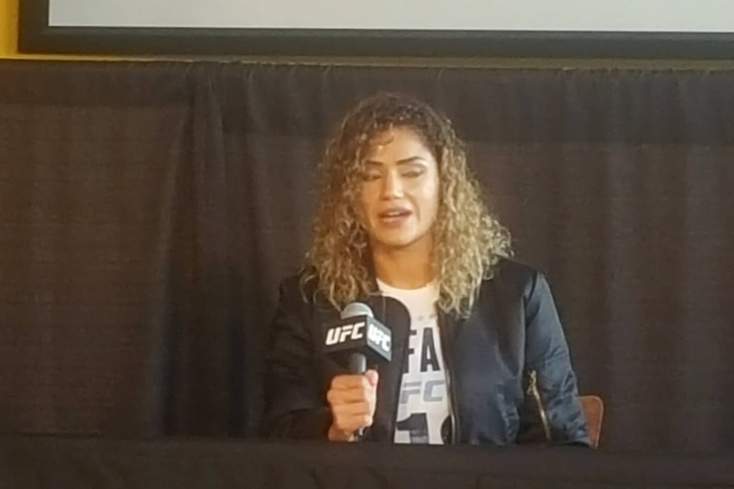 UFC women's strawweight prospect Pearl Gonzalez addresses the media on Friday, April 7 in advance of Saturday's UFC 210 event in Buffalo, NY. (Adam Hill/Las Vegas Review-Journal)