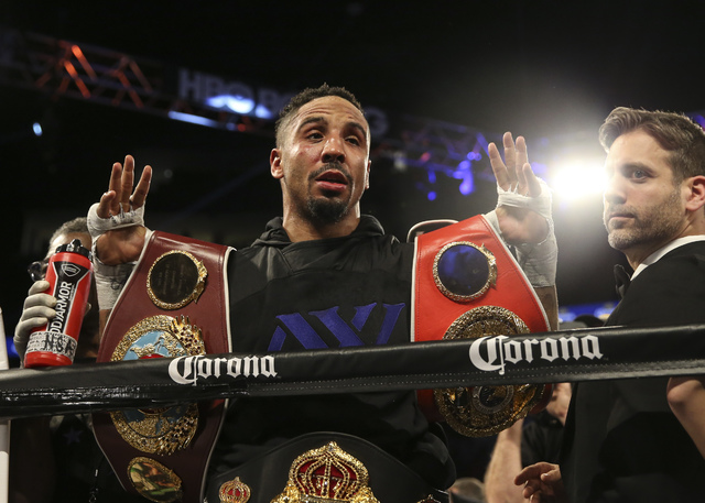 Andre Ward celebrates after defeating Sergey Kovalev in their light heavyweight title boxing match at T-Mobile Arena in Las Vegas on Saturday, Nov. 19, 2016. Ward won in a unanimous decision. Chas ...
