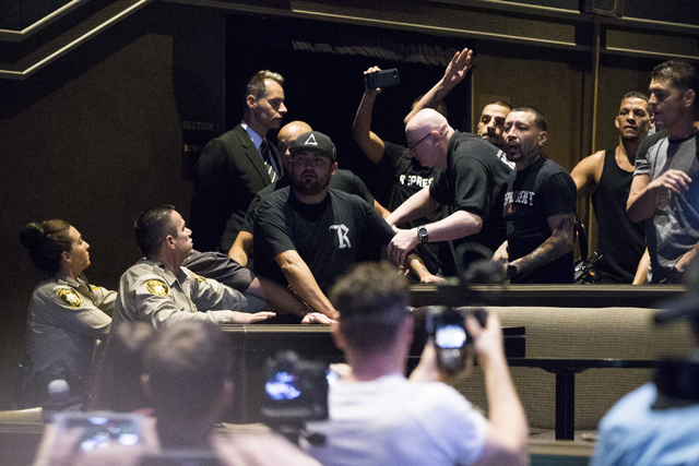Nate Diaz walks off the UFC 202 press conference with his team at the MGM Grand hotel-casino on Wednesday, Aug. 17, 2016, in Las Vegas. (Erik Verduzco/Las Vegas Review-Journal) Follow @Erik_Verduzco