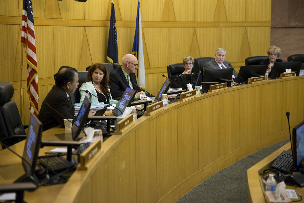 Regional Transportation Commission board members during a board meeting at the Clark County Commission Chambers on Thursday, April 13, 2017, in Las Vegas. (Erik Verduzco Las Vegas Review-Journal) ...