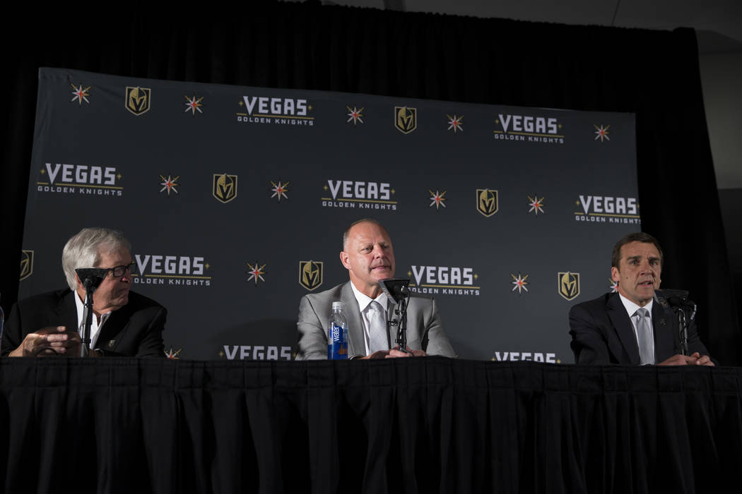 Vegas Golden Knights owner Bill Foley, from left, team head coach Gerard Gallant and general team manager George McPhee, during a press conference at T-Mobile Arena on Thursday, April 13, 2017, in ...