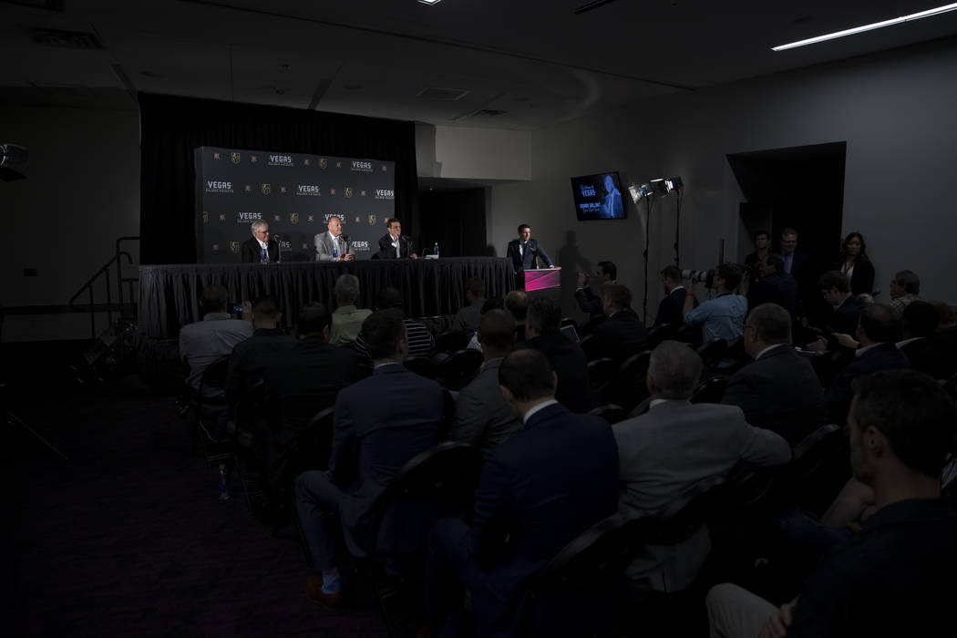 Vegas Golden Knights owner Bill Foley, from left, team head coach Gerard Gallant and general team manager George McPhee, during a press conference at T-Mobile Arena on Thursday, April 13, 2017, in ...
