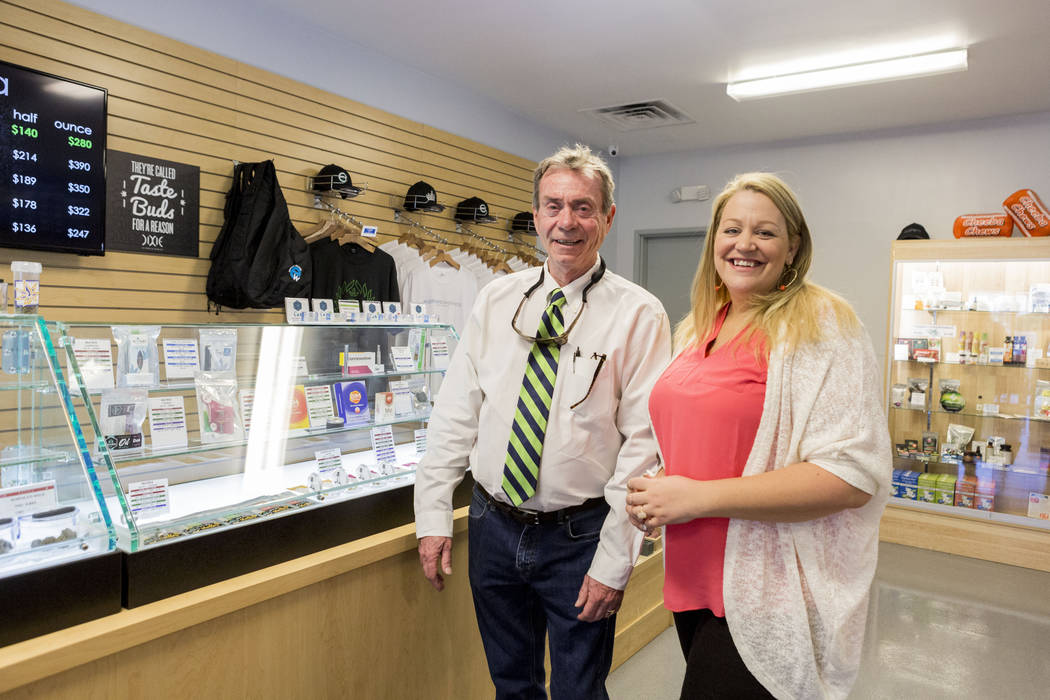Co-owner of Euphoria Wellness Larry Doyle, left, and the managing director Darlene Purdy in Euphoria Wellness, a medical marijuana dispensary located West Las Vegas, Thursday, April 13, 2017. Eliz ...