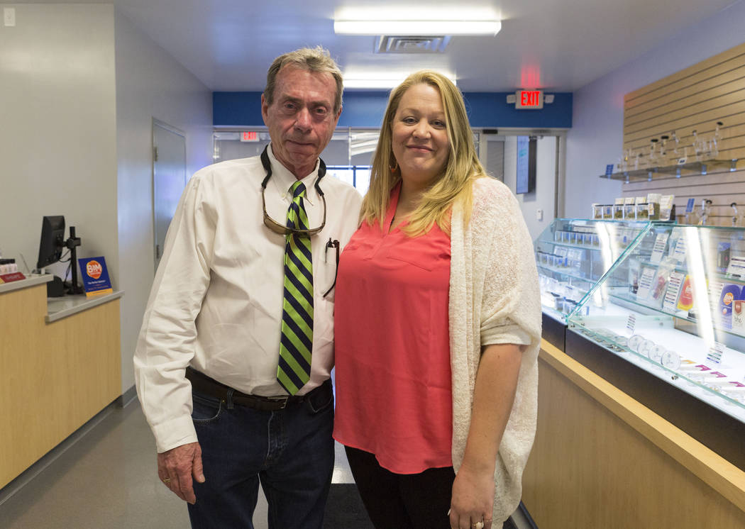 Co-owner of Euphoria Wellness Larry Doyle, left, and the managing director Darlene Purdy in Euphoria Wellness, a medical marijuana dispensary located West Las Vegas, Thursday, April 13, 2017. Eliz ...
